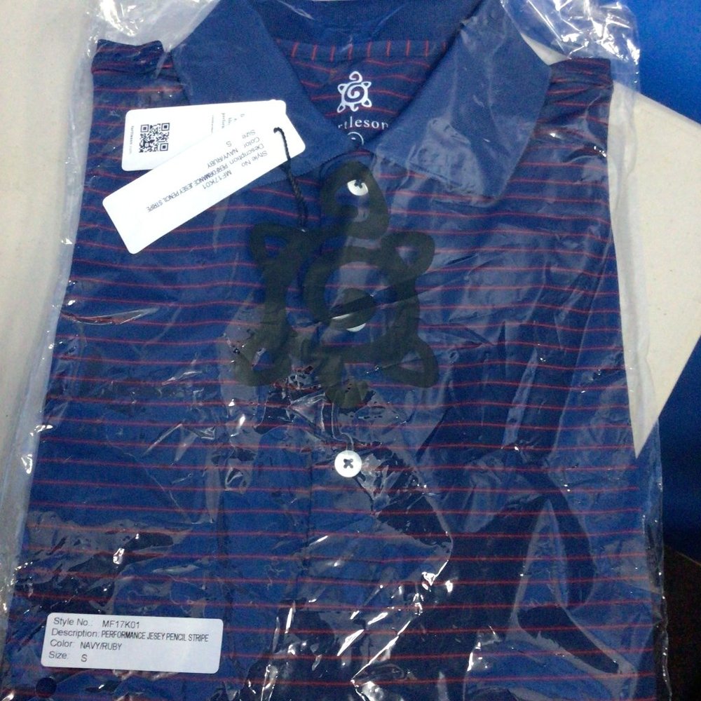 NWT Turtleson Performance Jersey Pencil Stripe Polo BLUE/RED Size S